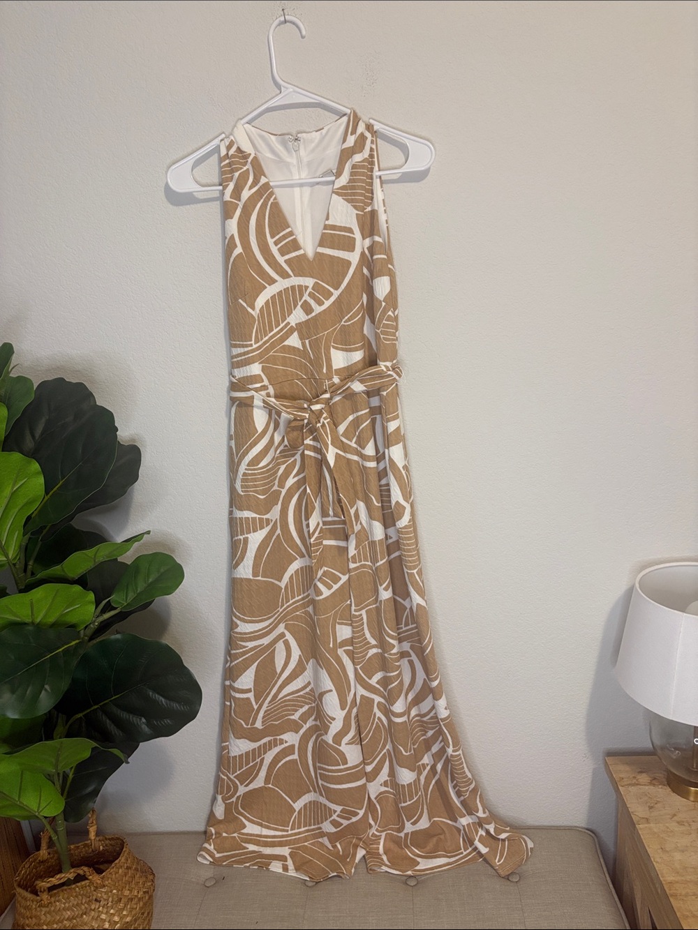 Cato Tan & White Abstract Print jumpsuit with Tie Waist Large petite
